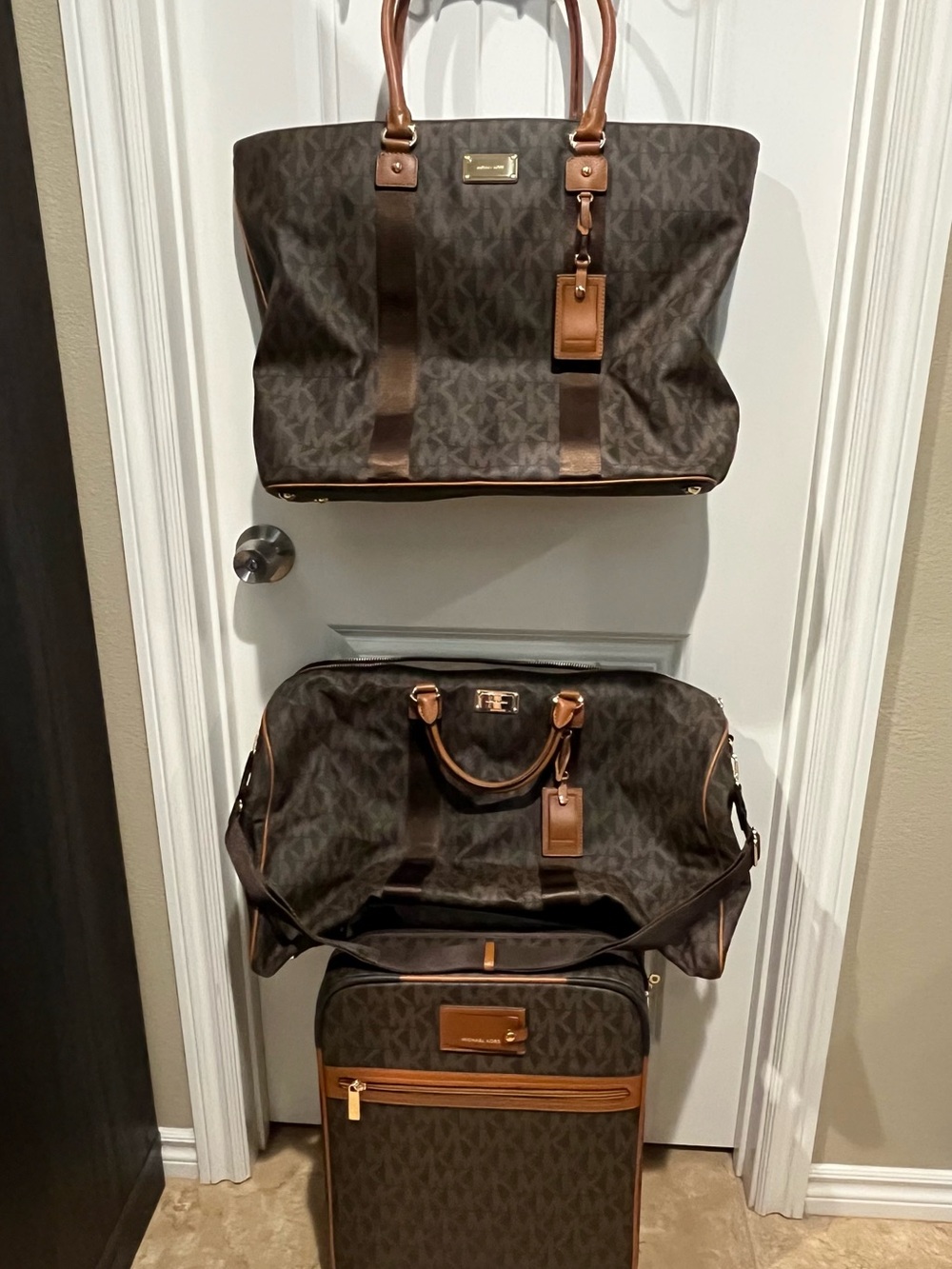 Michael Kors Brown and Tan Logo Travel Set - Tote, Weekender & Carry-On.